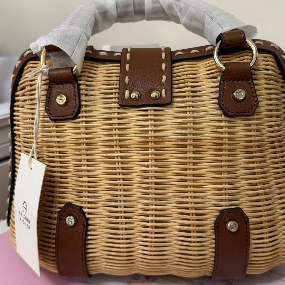 Etienne Aigner Woven Rattan Satchel Handbag in Tan and Brown - Picture 3 of 16
